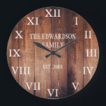 Rustic dark wood family name farmhouse large clock<br><div class="desc">Rustic,  dark barn wood wall clock with large Roman numbers.
You can personalize and add your own name and year established.</div>