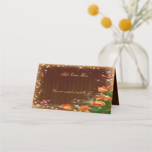 Rustic Dark Wood Floral Butterfly Wedding Table Place Card