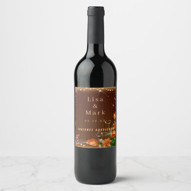 Rustic Dark Wood Floral Butterfly Wedding Wine Label (Front)