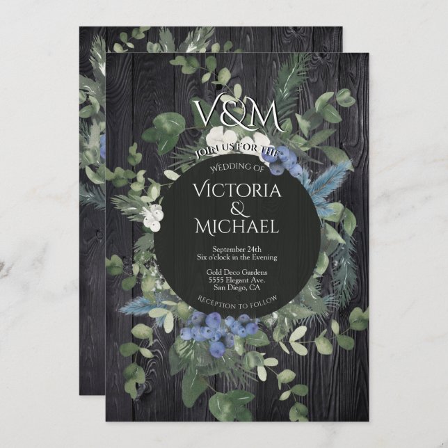 Rustic Dark Wood Floral & Pine Forest Wedding Invitation (Front/Back)