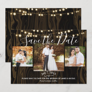 Rustic Dark Wood & Lights Photo Save the Date   Invitation