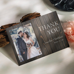 Rustic Dark Wood Photo Wedding Thank You Card