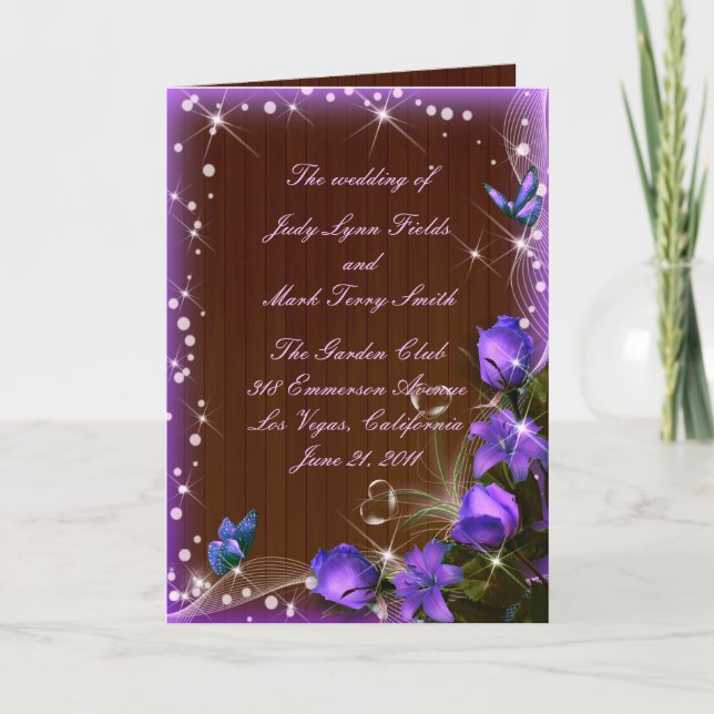Rustic Dark Wood Purple Floral Program Card (Front)