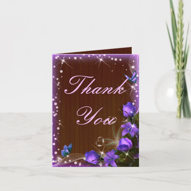 Rustic Dark Wood Purple Floral Thank You Card (Front)