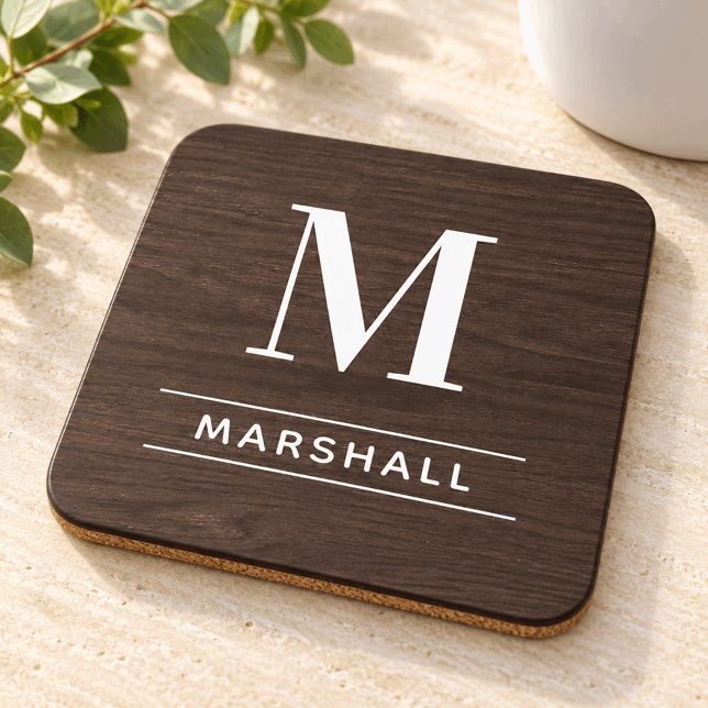 Rustic Dark Wood Serif Monogram Name Coaster (Creator Uploaded)