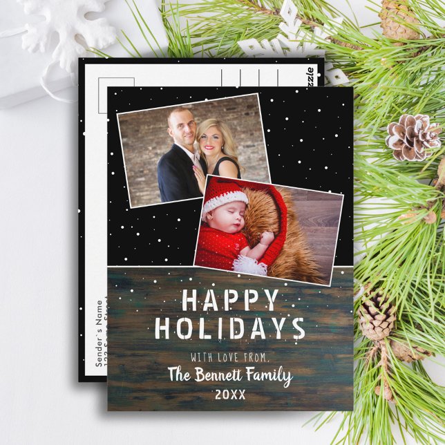 Rustic Dark Wood Snow Holiday 2 Photo Postcard (Creator Uploaded)