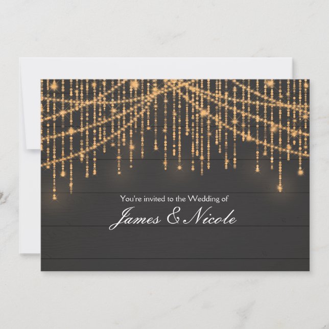 Rustic Dark Wood Sparkle Lights Party Invitations (Front)