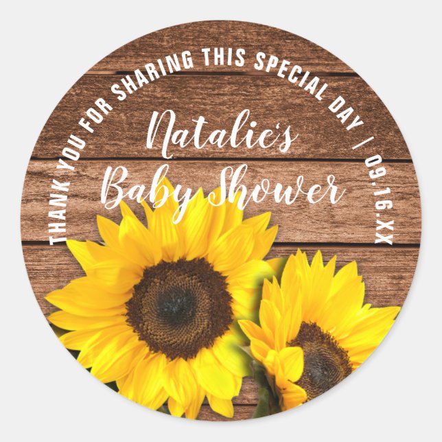 Rustic Dark Wood Sunflower Thank You Baby Shower Classic Round Sticker (Front)