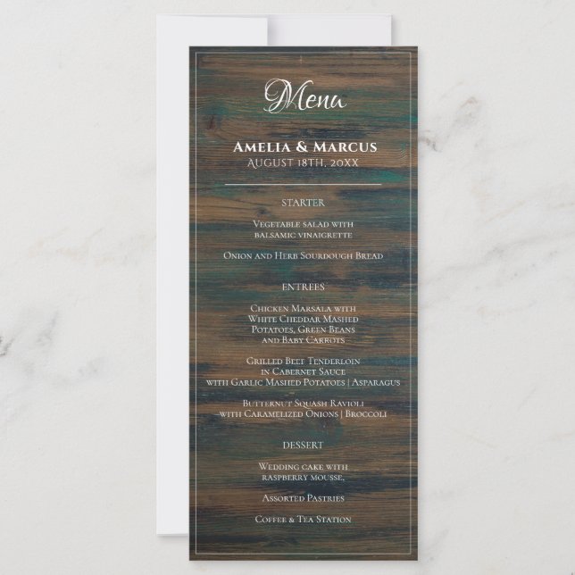 Rustic Dark Wood White Script Wedding Menu (Front)