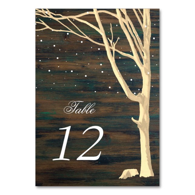 Rustic Dark Wood Winter Tree Wedding Table Number (Front)