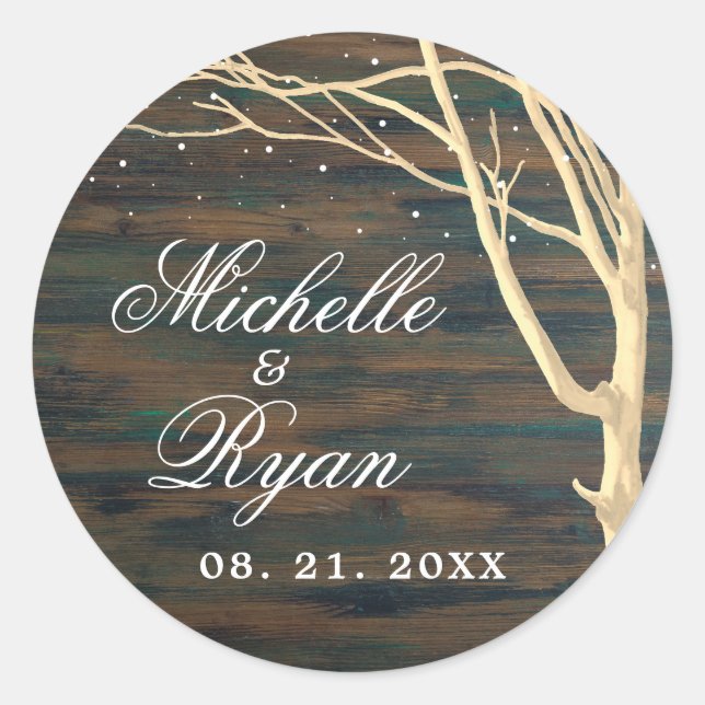 Rustic Dark Wood Winter Tree White Script Wedding Classic Round Sticker (Front)