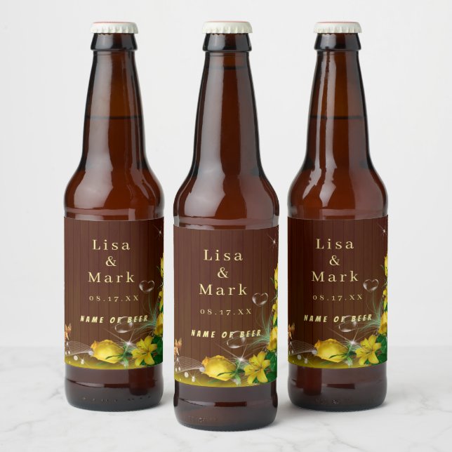 Rustic Dark Wood Yellow Floral Butterfly Wedding Beer Bottle Label (Bottles)