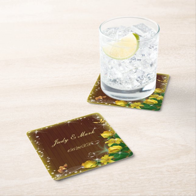 Rustic Dark Wood Yellow Floral Butterfly Wedding Square Paper Coaster (Insitu)