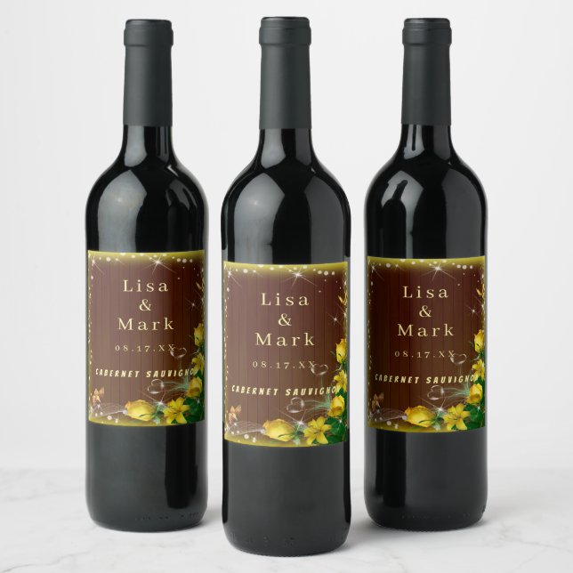 Rustic Dark Wood Yellow Floral Butterfly Wedding Wine Label (Bottles)