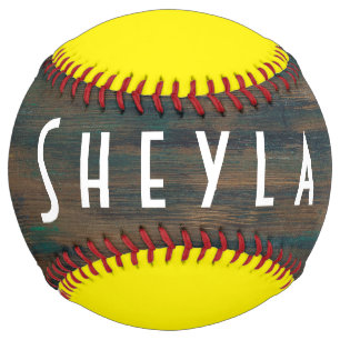 Rustic Dark Wood Yellow Name Softball