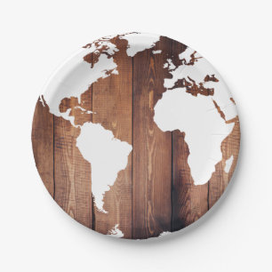 Rustic Dark Wooden Planks & White World Map Paper Plate