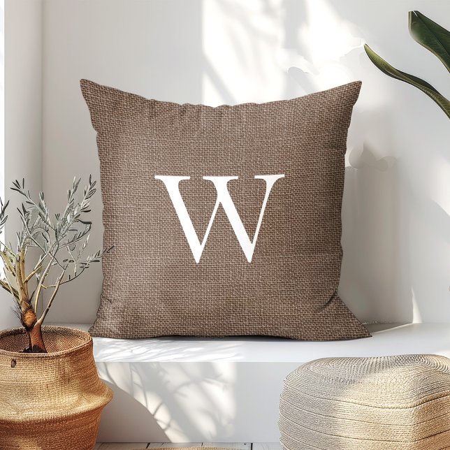 Rustic Deep Brown Faux Burlap Monogram Throw Pillow (Creator Uploaded)