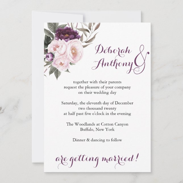 Rustic Deep Purple Peony Floral Wedding Card (Front)