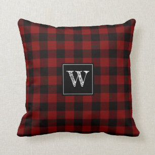 Rustic Deep Red Buffalo Plaid Modern Monogram Throw Pillow