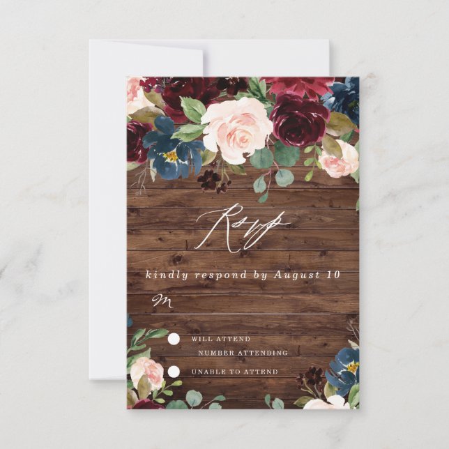 Rustic Deep Red Wine Burgundy Blush Navy Wedding RSVP Card (Front)