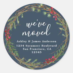 Rustic Deep Teal Wreath We’ve Moved Address Classic Round Sticker