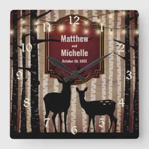 Rustic Deer and Aspen Trees Wedding or Anniversary Square Wall Clock