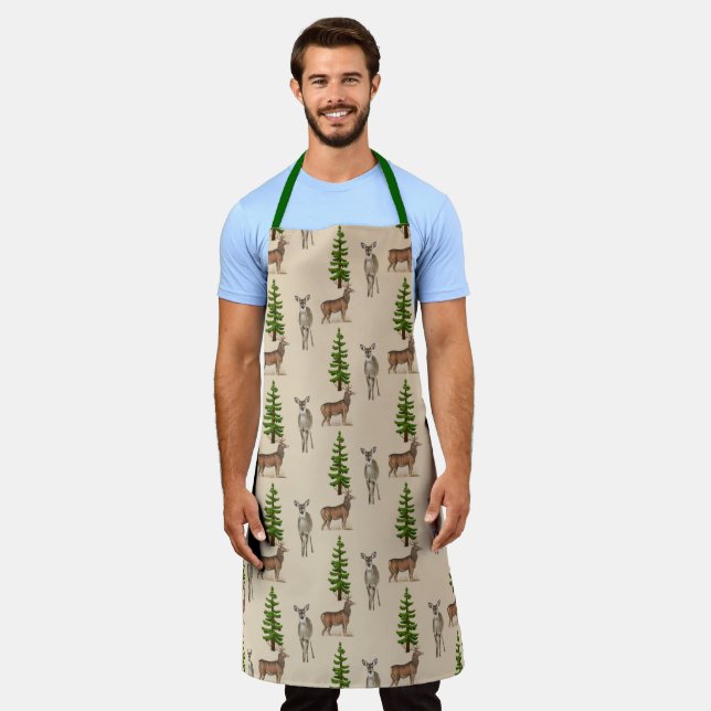 Rustic Deer and Evergreen Tree Print-All-Over Apron (Worn)
