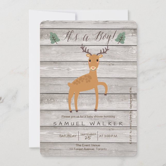 Rustic deer and wood boy baby shower invitation (Front)