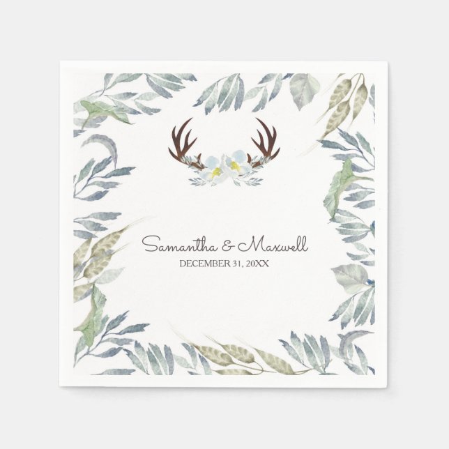RUSTIC Deer Antler and Greenery, Blue Napkin (Front)