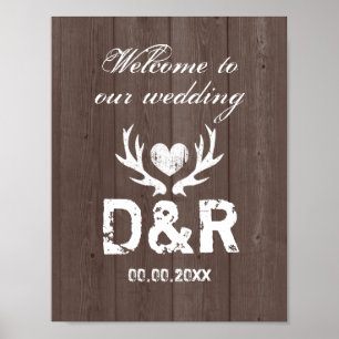 Rustic deer antler barn wood grain wedding posters