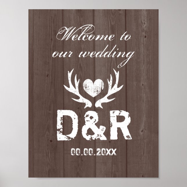 Rustic deer antler barn wood grain wedding posters (Front)