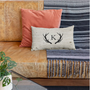 Rustic Deer Antler Logo Wood Monogrammed Lumbar Pillow