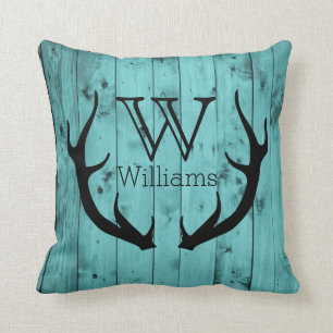 Rustic Deer Antler Teal Wood Black Monogram Throw Pillow
