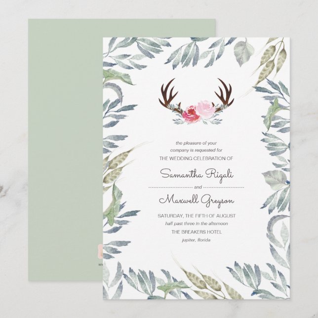 Rustic Deer Antler Wedding Invitation (Front/Back)