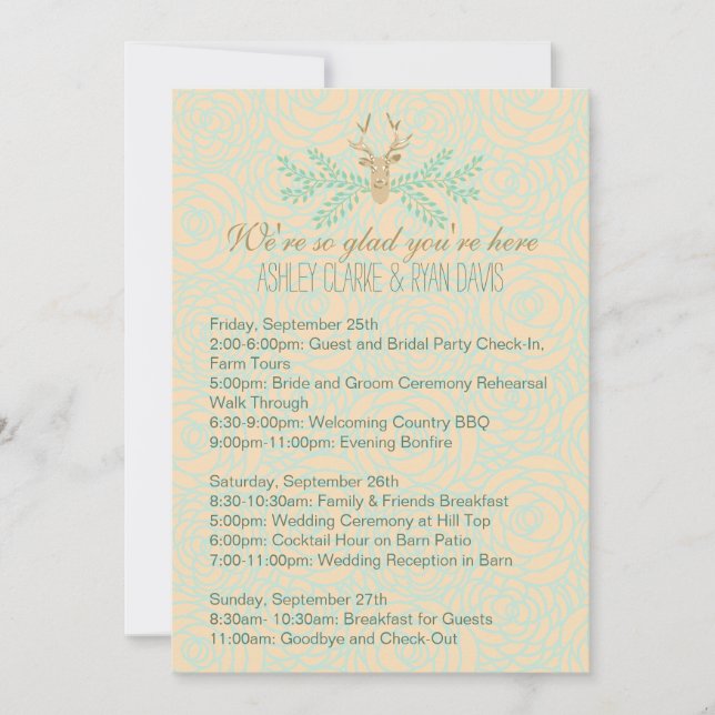 Rustic Deer Antler Wedding WEEKEND ITINERARY Card (Front)