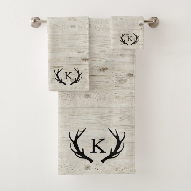 Rustic Deer Antler White Wood Monogrammed Bath Towel Set (Insitu)