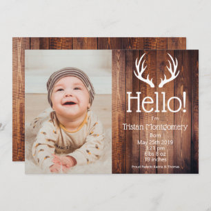 Rustic Deer Antlers Barn Wood Birth Announcement