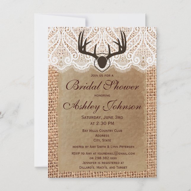 Rustic Deer Antlers Bridal Shower Invitations (Front)