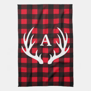 Rustic Deer Antlers & Buffalo Check Plaid Kitchen Towel