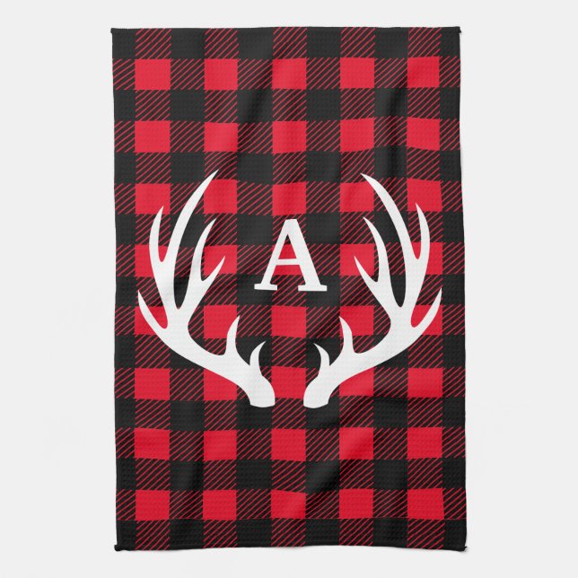 Rustic Deer Antlers & Buffalo Check Plaid Kitchen Towel (Vertical)