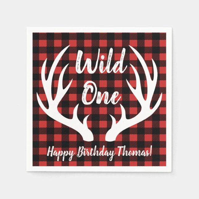 Rustic Deer Antlers Buffalo Check Plaid Wild One Napkin (Front)