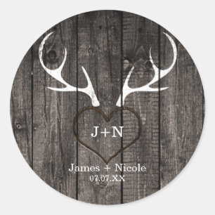 Rustic Deer Antlers & Carved Heart Wedding Favour Classic Round Sticker