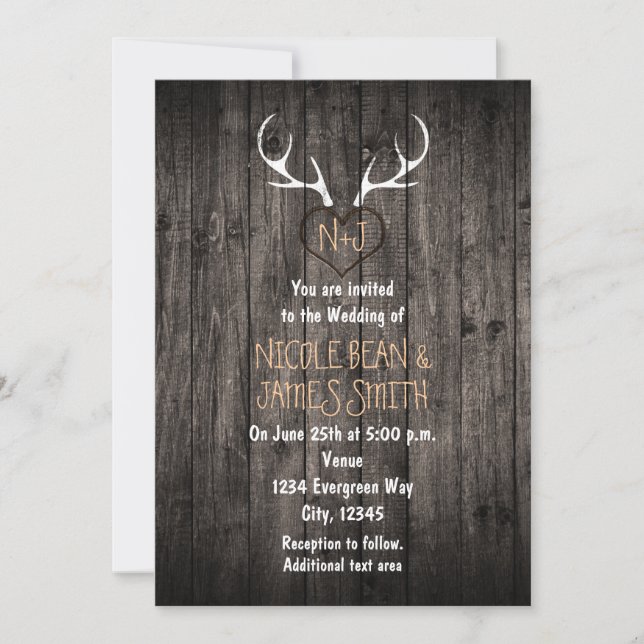 Rustic Deer Antlers & Carved Heart Wedding Invitation (Front)
