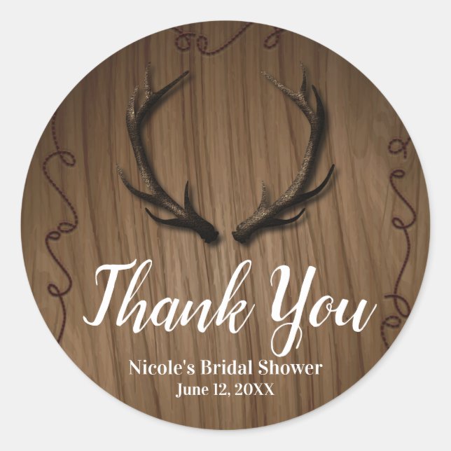 Rustic Deer Antlers Country Wood Barn Wedding Classic Round Sticker (Front)