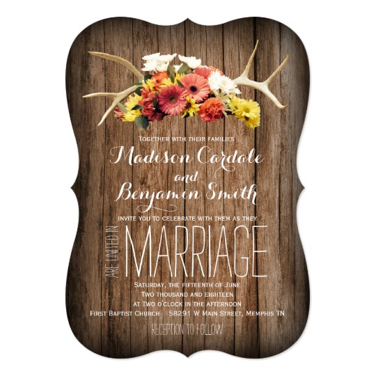 Rustic Deer Antlers Daisy Wood Wedding Invitations