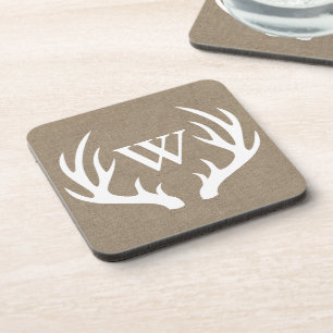 Rustic Deer Antlers Faux Burlap Family Initial Coaster