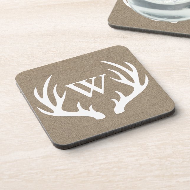 Rustic Deer Antlers Faux Burlap Family Initial Coaster (Left Side)