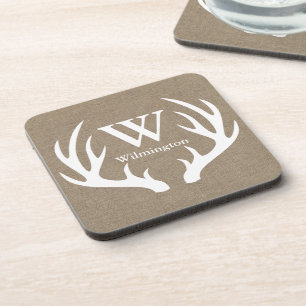 Rustic Deer Antlers Faux Burlap Family Name Coaster