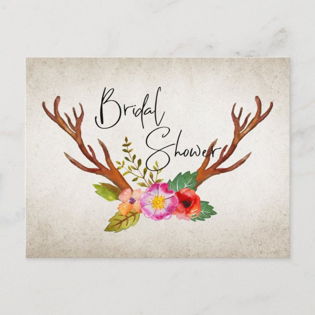 Rustic Deer Antlers Floral Bridal Shower Invitation Postcard (Front)
