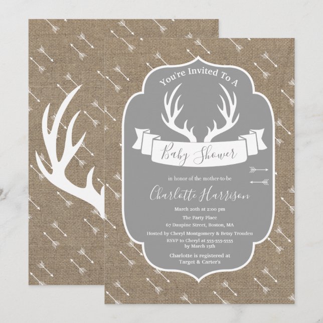 Rustic Deer Antlers Grey & Faux Burlap Baby Shower Invitation (Front/Back)